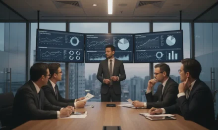 Analyste financier présentant une stratégie de gestion alternative avec graphiques de performance en salle de réunion d'entreprise