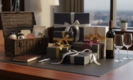 Cadeaux d'affaires professionnels : coffrets élégants, panier gastronomique et accessoires premium sur bureau en bois sombre