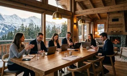 Équipe en séminaire d'entreprise dans un chalet de luxe alpin avec vue sur les sommets enneigés