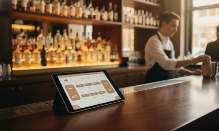 Bar moderne avec iPad de caisse pose sur le comptoir et barman en arriere-plan