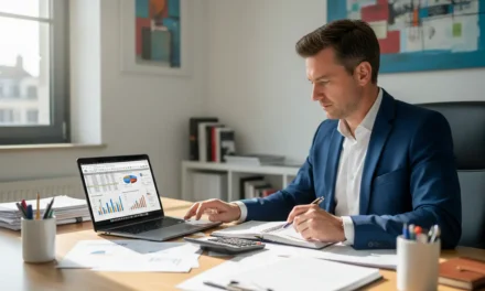 Dirigeant de PME analysant des documents comptables sur ordinateur dans un bureau professionnel