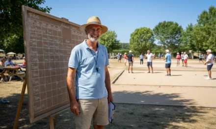 Organisateur supervisant un concours de pétanque avec tableau de résultats et terrains ensoleillés