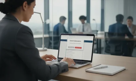Professionnel devant un ordinateur portable annulant un abonnement logiciel de gestion, bureau moderne éclairé naturellement