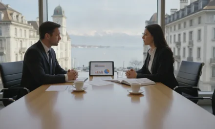 Entrepreneur et conseiller fiduciaire en réunion dans un bureau suisse, documents comptables sur la table