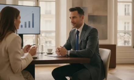 Dirigeant d'entreprise en rendez-vous avec une conseillère patrimoniale dans un bureau moderne