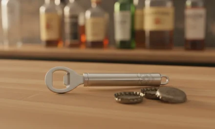 Décapsuleur personnalisé en métal gravé au logo d'une entreprise, posé sur un comptoir de bar
