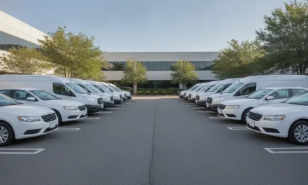 Parking d'entreprise avec plusieurs véhicules de flotte automobile garés en rang